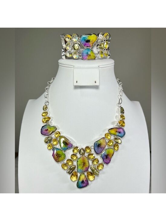 Handmade Jewelry - Rainbow Solar Quartz 925 Large Gemstone Necklace & Bracelet Set